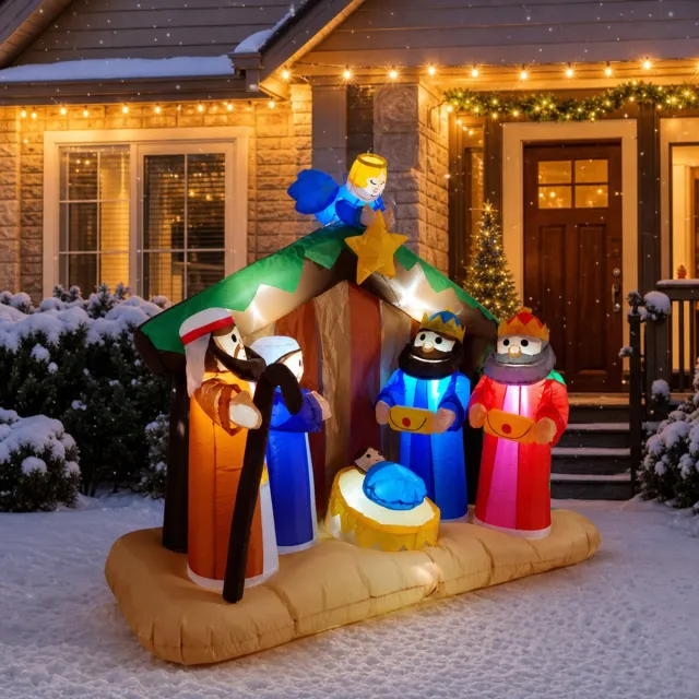 Yashumito Opblaasbare kerststal - kerstgroep met engel en wijzen - 155 cm hoog - met witte LED-verlichting - kerstdecoratie voor buiten - incl. bevestigingsset