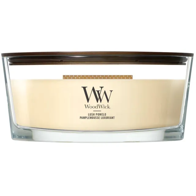 Woodwick Hearthwick - Lush Pomelo - Ellipse Geurkaars - 50 branduren Geel