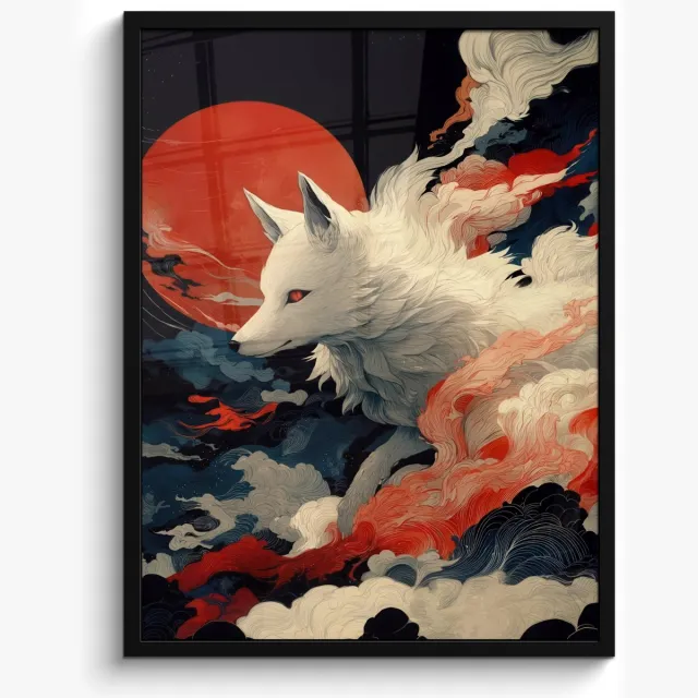 FrameYourWall Poster in lijst - Fotolijst 50x70 cm - Posters - Witte vos - wolken - maan - Posterlijst zwart - Decoratie - Wanddecoratie woonkamer - Muurdecoratie slaapkamer