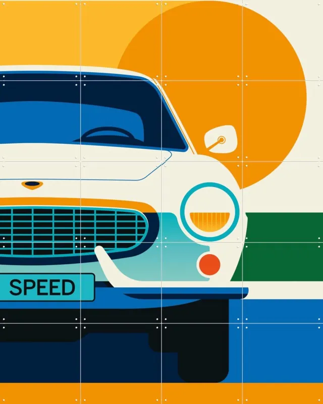 IXXI White Vintage Sports Car, Bo Lundberg - 80 x 100 cm - Grote wanddecoratie en posters - Illustraties, Geometrische Kunst, Kleurrijk, Grafisch Wit