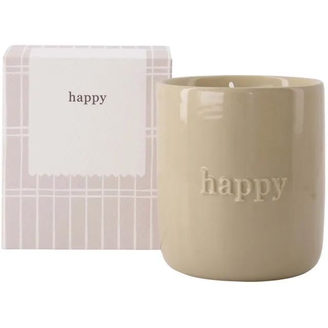 Zusss Geurkaars Keramiek In Doosje Happy - Keramiek / Paraffine - Zand / Wit - Ø8x9cm
