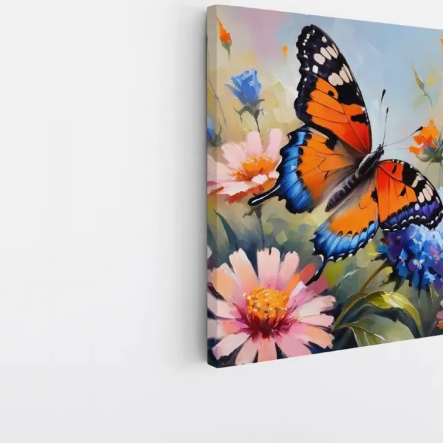 Saammp Canvas Schilderij -Vlinder bij roze bloem - Dieren - Abstract - 30x30 - Foto op canvas - Wanddecoratie - muurdecoratie Woonkamer - Slaapkamer decoratie - Canvas Print Multicolor