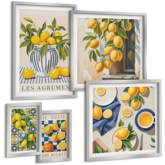 TULUP 4-Delige Schilderij Set - Citrus-inspiratie in Provençaalse stijl voor wanddecoratie - 50 x 50 cm, 20 x 30 cm en 40 x 60 cm - Wanddecoratie - Muurdecoratie - Moderne Interieurdecoratie - Decoratieve Schilderijen Zilveren lijst