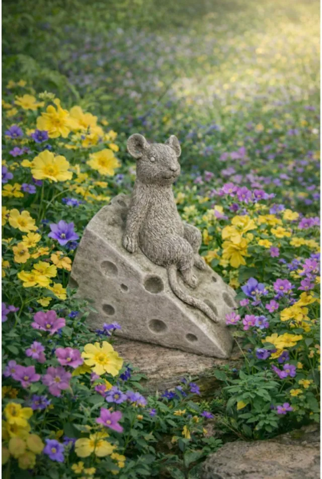 LO. Ornaments Betonnen tuinbeeld - muis op blokje kaas - hoogte 10 cm Grijs