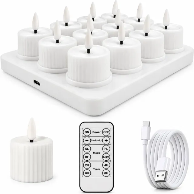 SWGOTA Elektrische kaarsen, 12 stuks, wit met warmwit licht, geribbelde behuizing, Type-C-laadbasis en afstandsbediening met timerknoppen