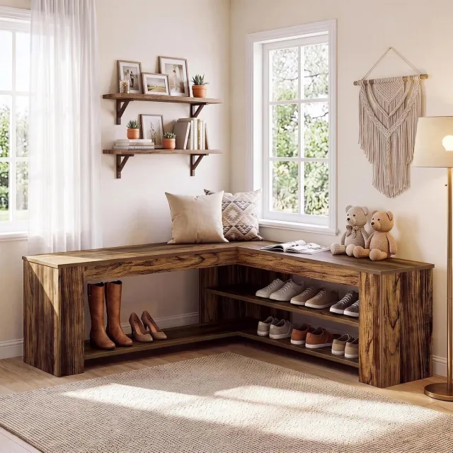 Little Trees LITTLE TREE L‑Vormige Hoekbank met Opbergruimte - 120 x 30 x 45 cm - Schoenenbank voor de entree - Voor hal en entreegebied - Bruin