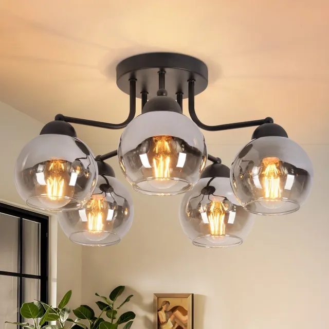NETTLIFE Plafondlamp E27 - Glas - 5 Lichts - rookgrijs - Vintage Woonkamerlamp - in rookgrijs glazen bol - voor Keuken | Gang | Slaapkamer - MAX.25W-excl. lichtbron Zwart
