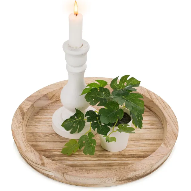 Famanu Houten kaarsenhouder: ronde decoratieve kaarsenplaat als landelijke tafeldecoratie, ideaal voor waxinelichtjes of zuilkaarsen en perfect voor kerst, bruiloften, Halloween en als woondecoratie Naturel