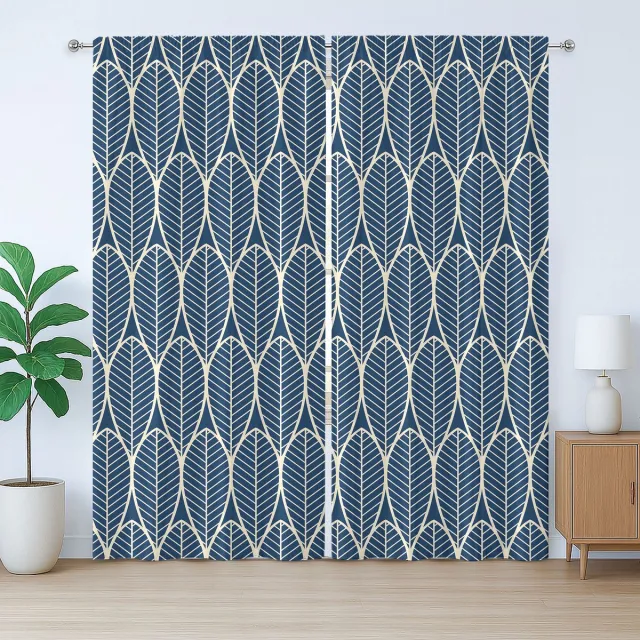 ABAKUHAUS Geometrisch rustiek gordijn, abstract bladmotief, met lussen en haken voor de woonkamer, 280 x 225 cm, donkerblauw crème