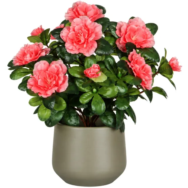 Mica Decorations Kunstplant - Azalea roze - H27 cm - in taupe bloempot - keramiek - complete set van pot en plant - decoratie stuk