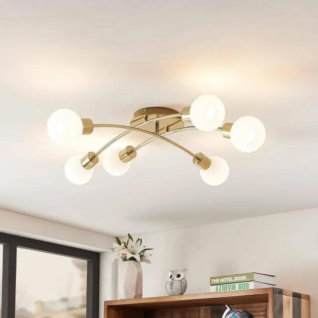 Lindby plafondlamp - 6lichts - ijzer, glas - H: 18 cm - E14 - messing, wit