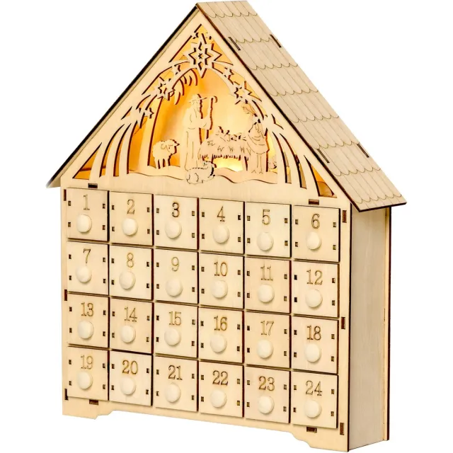 sogiol Houten Adventskalender Kerstdecoratie met 24 vakjes en 5 ledlampjes - 26,6 x 6 x 30 cm - naturel hout