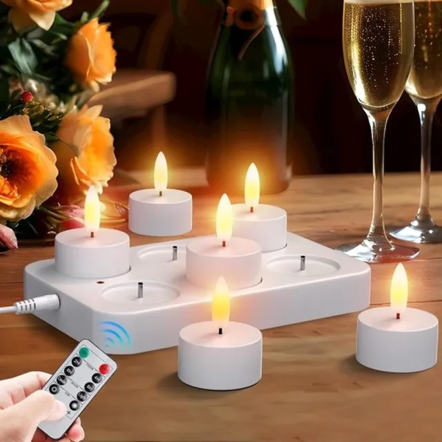 Zyronn Pakket Van 6 LED-theelichtjes Met Timer, Oplaadbare Kaarsen, LED-theelichtje, Vlamloze Kaarsen, Flikkerend Kaarslicht, Nachtlampje, Elektrische Theelichtjes, Jeugdwijdingslantaarn, Tafellamp, Levend [Energieklasse D] 6 stuks - met afstandsbediening