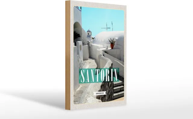 Femer Holzschild Reise 20x30cm Santorini weiße Gebäude Treppen Wit