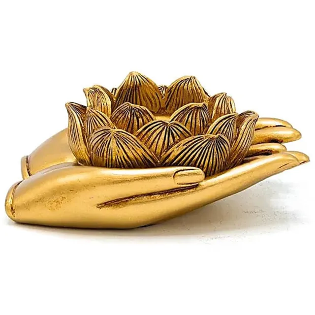 Phoenix Import Mani Bhadra Theelichthouder Lotus handen goudkleurig