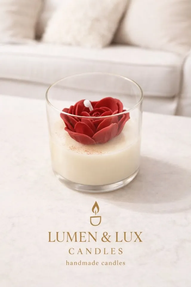 Lumen and Lux Candles Lumen & Lux Luxe Handgemaakte Kaars - Grote Rode Roos - Decoratieve Sfeerkaars in Glas - Romantisch Cadeau voor Valentijn & Moederdag (grote roos) - Ramadan Kaareem crème / Ivoor
