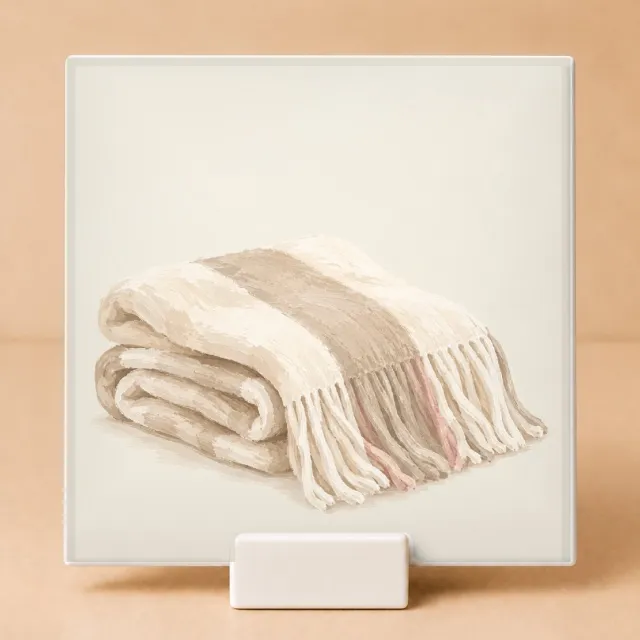 Bedruk King Sfeervolle Gezellige Plaid Tegel – Keramische Decoratietegel met Wollen Deken Illustratie voor Woonliefhebbers - 15 x 15 cm met houder Wit