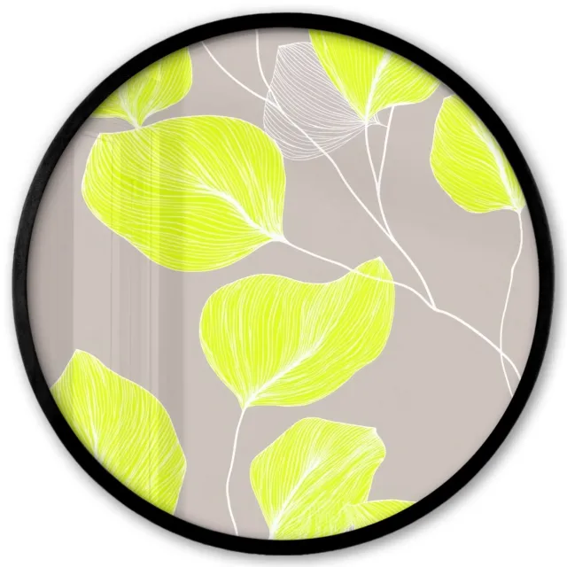 FrameYourWall Poster in lijst Rond - Fotolijst 40x40 cm - Posters - Bladeren - Neon - Geel - Lijnen - Ronde posterlijst zwart - Decoratie - Wanddecoratie woonkamer - Muurdecoratie slaapkamer Bladeren - Lijnen - Neon
