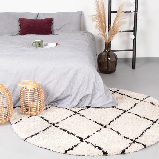 Fraai Hoogpolig vloerkleed - Grand Lines Rond Creme/Zwart - Ø 100cm
