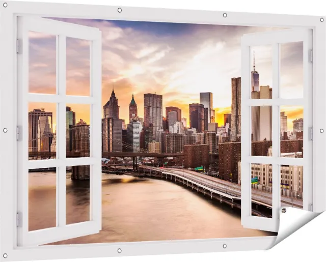 Gards Tuinposter Doorkijk Brooklyn Bridge Brug in New York - 150x100 cm - Tuindoek - Tuindecoratie - Wanddecoratie buiten - Tuinschilderij Wit