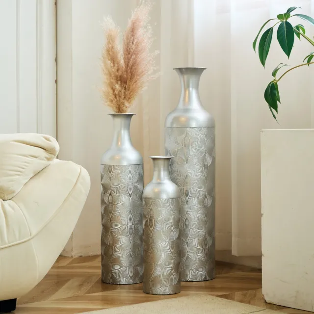 HAUSS SPOLE Vaas - 3-Delige Set Vloervazen Met Golvenpatroon - 50 66 83 cm - Metaal - Zilver - Voor Droogbloemen En Binnen Decoratie
