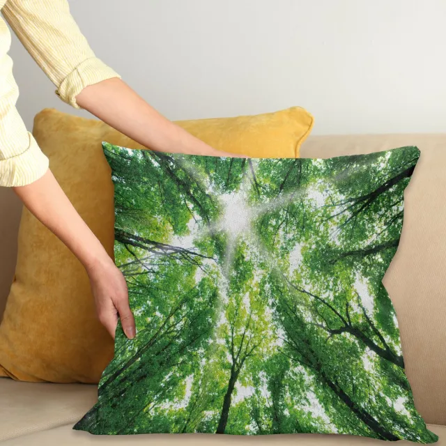 ABAKUHAUS Natuur Sierkussenhoes, Zon Rays Through Boom Tops in de Bos Foliage Upward Lucht Bos Uitzicht, Decoratieve Vierkante Sierkussenhoes, 60 x 60 cm, Varen Groen