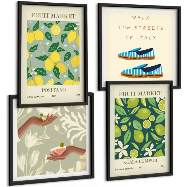 Coloray 4-Delige Schilderij Set - Fruitpatronen Italiaanse Cultuurposters - 40 x 40 cm En 40 x 60 cm - Decoratieve Muurdecoratie - Slaapkamer Zwarte lijst