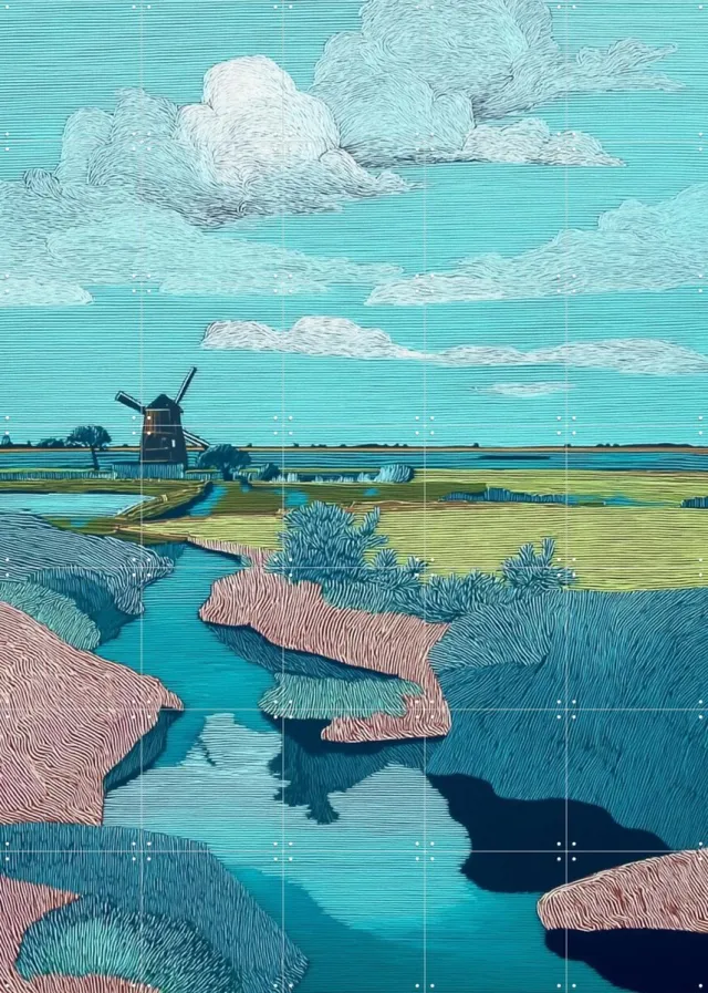 IXXI Polder 4, Artclaud - 100 x 140 cm - Grote wanddecoratie en posters - Houtsnede, Woonkamer, Strandhuis, Mancave, Natuur, Bomen, Landschappen Groen / Blauw