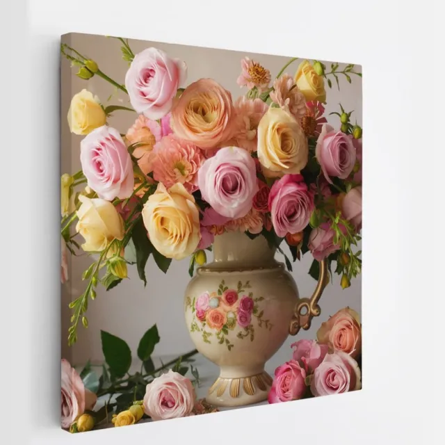 Saammp Canvas Schilderij - Roze Bloemen in mooie vaas - Abstract - 40x40 - Foto op canvas - Wanddecoratie - Muurdecoratie Woonkamer - Kantoor Decoratie Multicolor