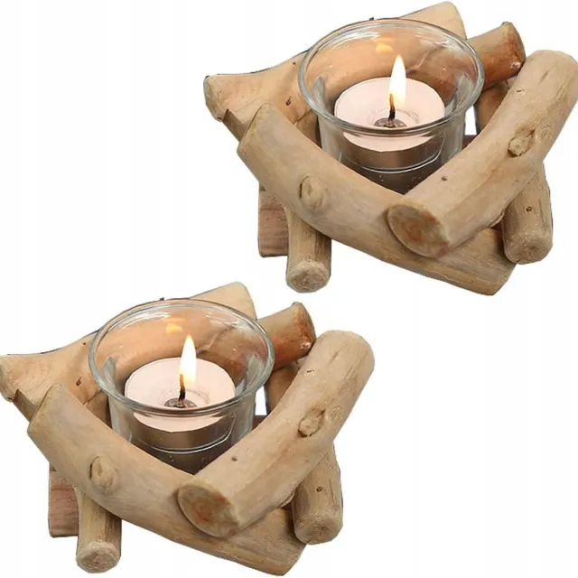 STUDIO-PAKA Rustieke Houten Kandelaars voor Theelichtjes - Set van 2 Beige, natuurlijk rustiek