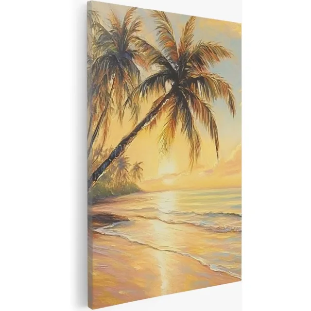 Saammp Canvas Schilderij - Strand met Palmbomen - Zee - Abstract - 20x30 - Foto op canvas - Wanddecoratie - muurdecoratie Woonkamer - Slaapkamer decoratie - Canvas Print Multicolor