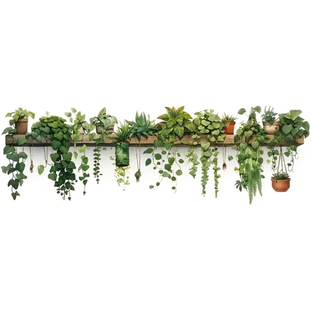 NUVEX Groene muurstickers met hangplanten bladeren bloempotten en plantenplank – botanische wanddecoratie voor woonkamer slaapkamer studeerkamer – decoratie stickers – ca. 89,92 x 29,97 cm