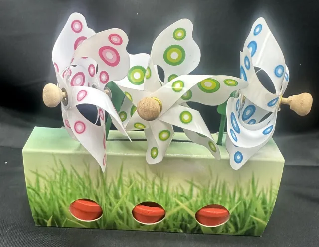 Impuls Set van 3 decoratieve windmolentjes in pot - kunststof+houten steker "wit + gekleurde rondjes"- meerkleurig + oranje potjes- dia 9 cm x hoogte 16 cm - Tuinaccessoires - tuinstekers Meerkleurig - wit + stipjes
