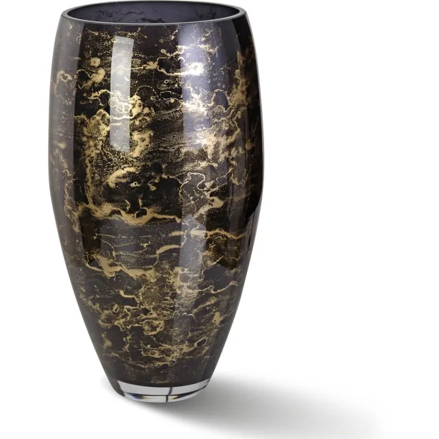 Terroso Handgemaakte Glazen Vaas - Bloemenvaas - Zwart met Goud - Marmer Look - Interieur Woondecoratie - 38 cm Hoog