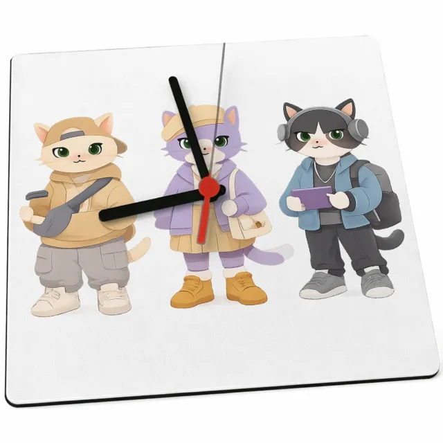 Mr Cadeautjes Klok 19 x 19 - design Drie modieuze katten in pastel-outfits, elk met een andere h | cadeau Wit