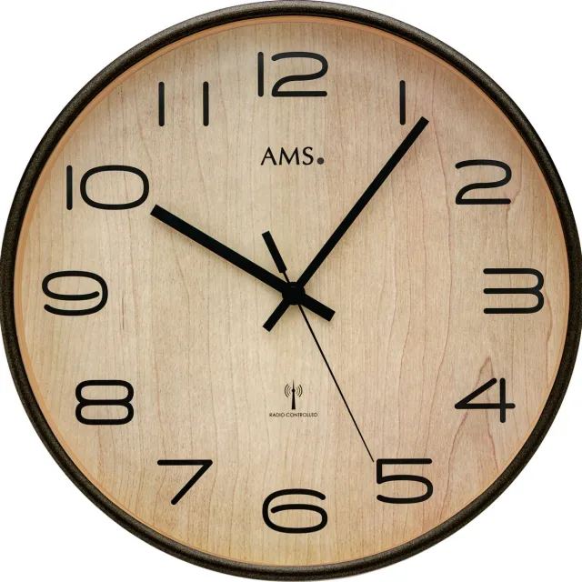 AMS F5502 - Wandklok - Analoog - Hout - Radiogestuurde tijdsaanduiding - Mineraal Glas - Antraciet gelakt - Zwart - Beige - 35 cm ø