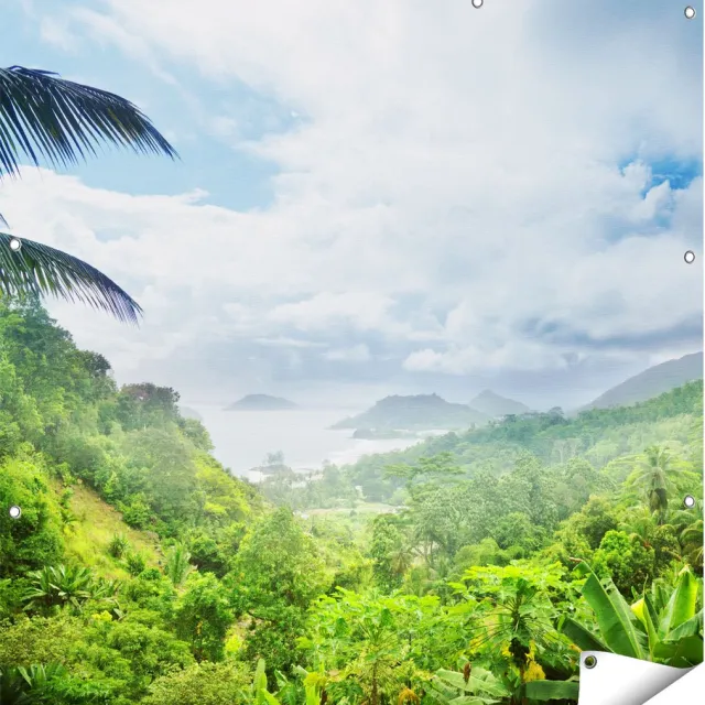 Gards Tuinposter Jungle Uitzicht op de Seychellen - 110x110 cm - Tuindoek - Tuindecoratie - Wanddecoratie buiten - Tuinschilderij Multikleur