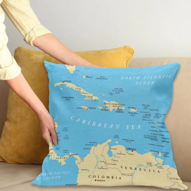ABAKUHAUS Kaart Print Sierkussenhoes, Caribbean Politieke Kaart Capitals Nationale Grenzen Belangrijke Steden Rivers Lakes, Decoratieve Vierkante Sierkussenhoes, 100 x 100 cm, Ivoor Blauw