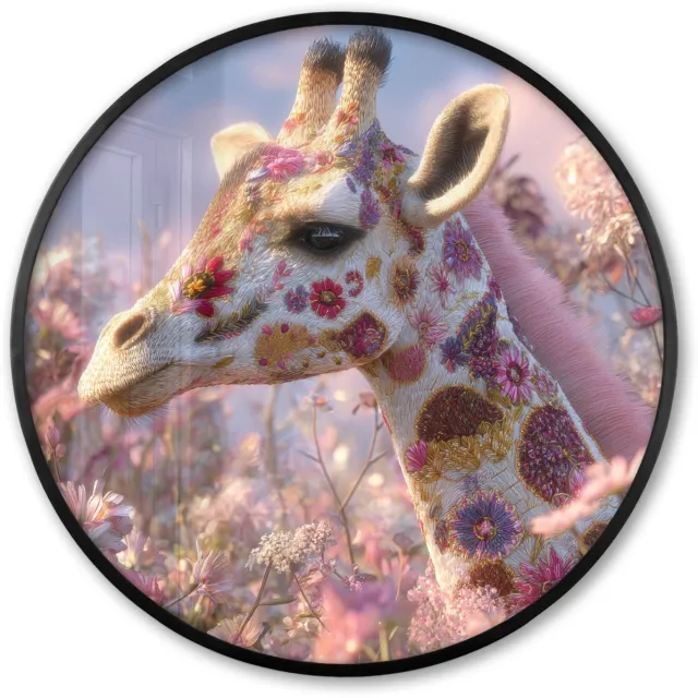 FrameYourWall Poster in lijst Rond - Fotolijst 80x80 cm - Posters - Giraffe - Bloemen - Roze - Ronde posterlijst zwart - Decoratie - Wanddecoratie woonkamer - Muurdecoratie slaapkamer