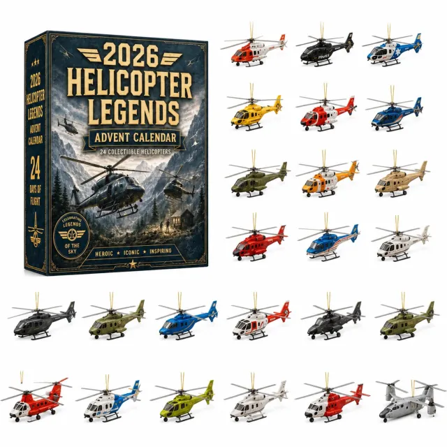 SWGOTA Adventskalender 2026 met 24 platte acryl helikopterhangers met ophanglussen, in papieren doos Zwart