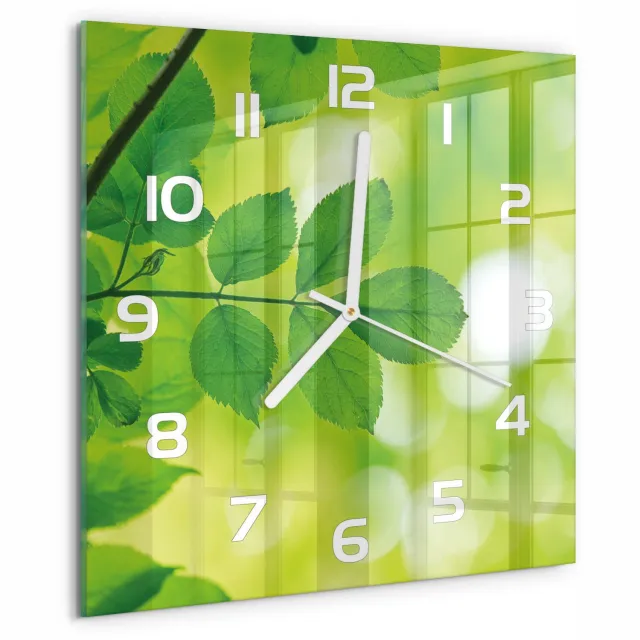 TULUP Wandklok - Groene bladeren Glazen Wandklok Design - 30x30 cm - Groente Klok Glas Met Opdruk - Witte handen - Vierkante Klok - Wandklok Glas Met Motief - Decoratieve Glazen Klok