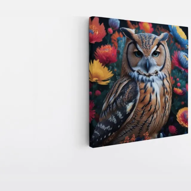 Saammp Canvas Schilderij - Uil tussen kleurrijke bloemen - Abstract - Dieren - 20x20 - Foto op canvas - Wanddecoratie - muurdecoratie Woonkamer - Slaapkamer decoratie - Canvas Print Multicolor