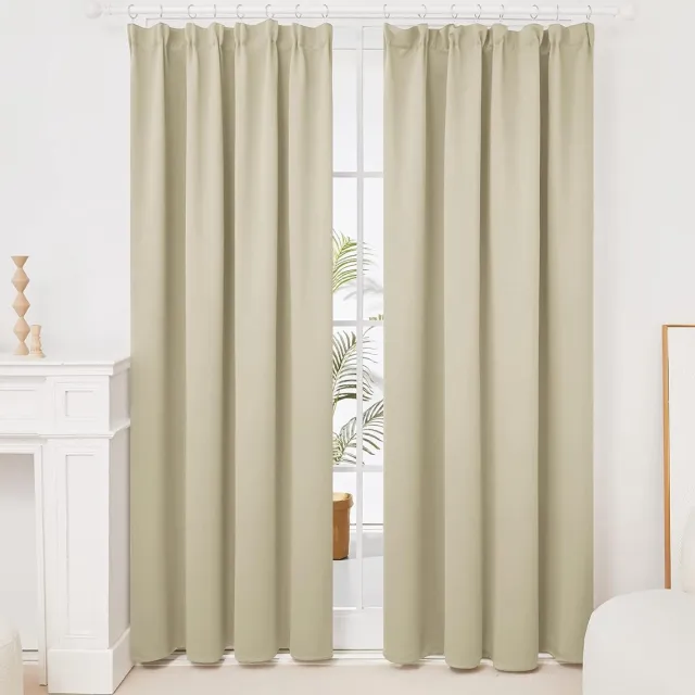 Hoomall Verduisteringsgordijn met Plooiband, Kant en Klaar, Gordijn Rimpelband met Blackout Stof voor Woonkamer, Beige, 140x240 cm (B x H), 2 stuks