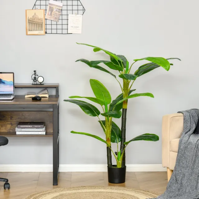 REDOM Kunstmatige bananenplant - Realistisch uiterlijk - 18 bladeren - Inclusief zwarte pot - Voor binnen & buiten - Kunststof - Groen - 150 cm
