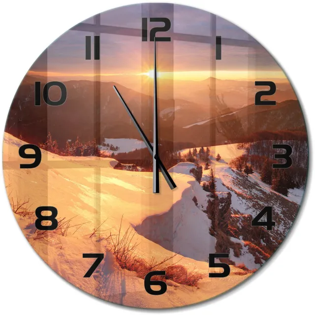 TULUP Wandklok - Winter in de bergen Decoratieve Glazen Klok - fi60 cm - Wit Glazen Wandklok Design - Zwarte handen - Ronde Klok - Glazen Klok Met Print - Wandklok Glas Met Motief
