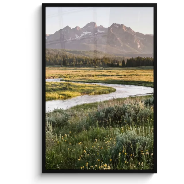 FrameYourWall Poster in lijst - Fotolijst 80x120 cm - Posters - Berglandschap - Rivier - Bos - Posterlijst zwart - Decoratie - Wanddecoratie woonkamer - Muurdecoratie slaapkamer