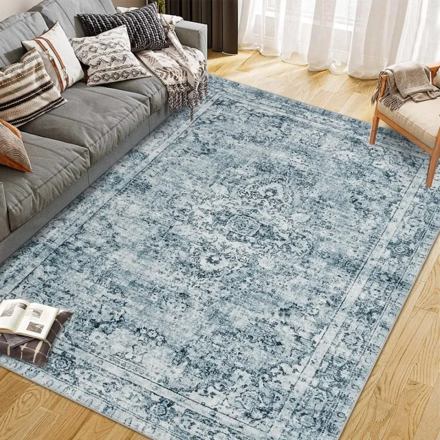 Ibenzoa Stijlvol Laagpolig Tapijt voor Woonkamer en Slaapkamer met Vintage Boho Flair, Wasbaar, 240 x 340 cm, Blauw