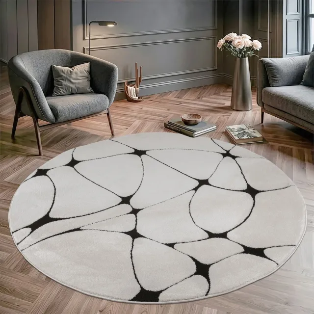 Muratap Vivant Japandi Blaze - Rond Vloerkleed Laagpolig - Wit Zwart- 160 CM Ø