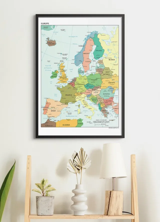 Esque Poster In Zwarte Lijst - Kaart Europa Landen & Hoofdsteden - Educatief - Schoolplaat - Large 70x50
