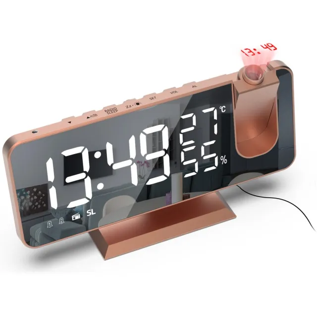 STILVORA Projectieklokken – Multifunctionele Projectieklok Met FM-Radio, Temperatuur/Luchtvochtigheid En USB-Laden – ABS – Roségoud